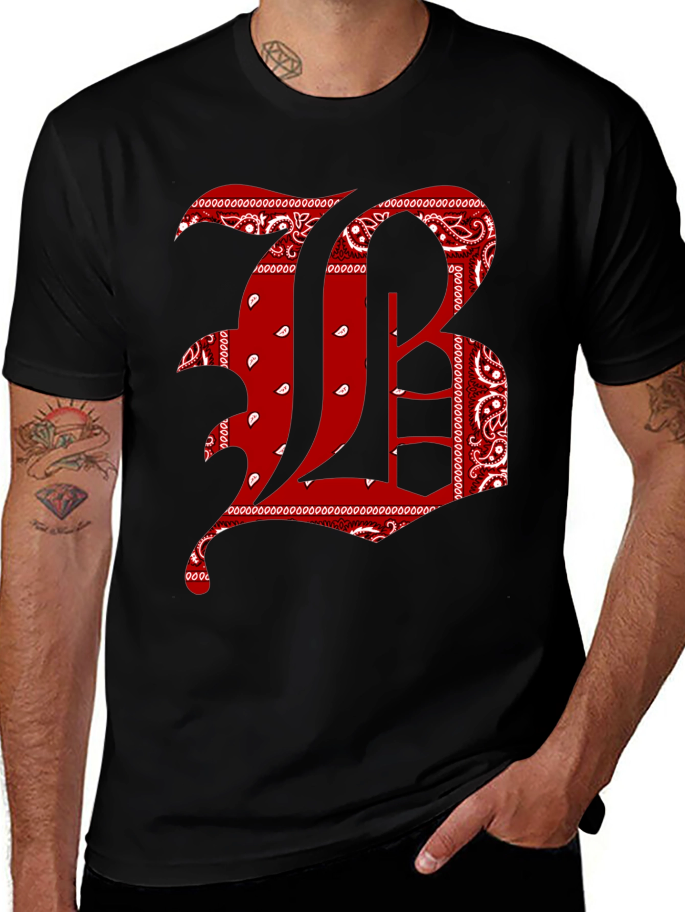 Bandana Print Letter T-Shirt - Black
