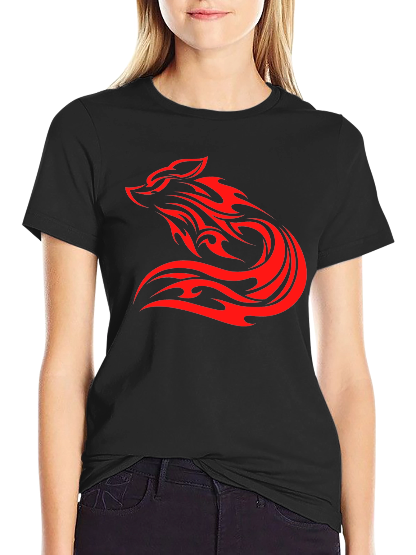 Mens Black T-Shirt with Red Tribal Wolf Design
