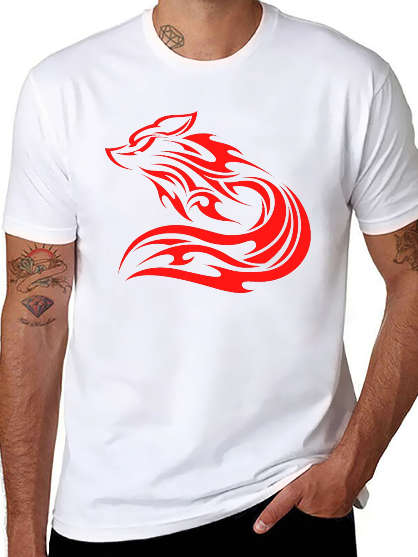 Mens Black T-Shirt with Red Tribal Wolf Design