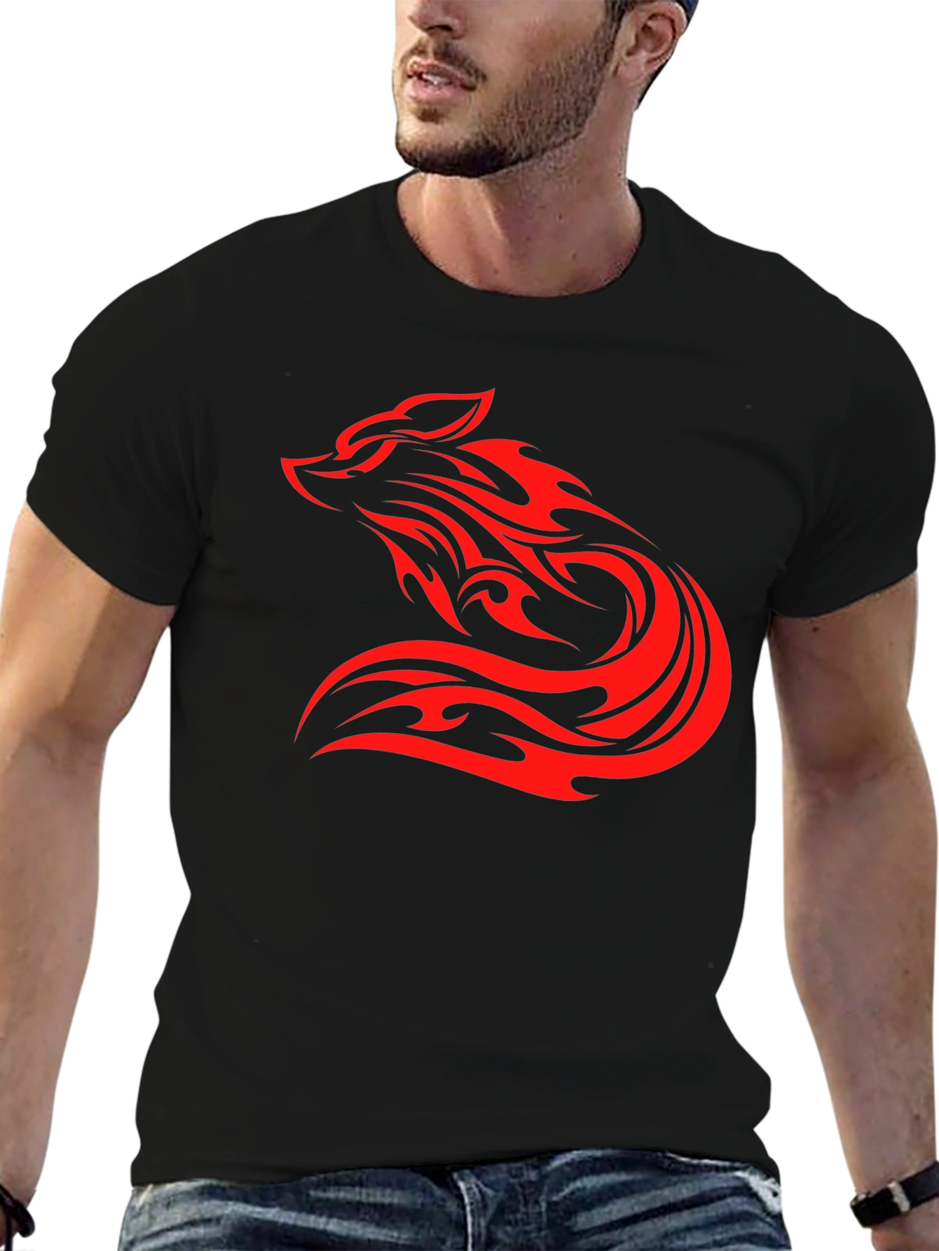 Mens Black T-Shirt with Red Tribal Wolf Design