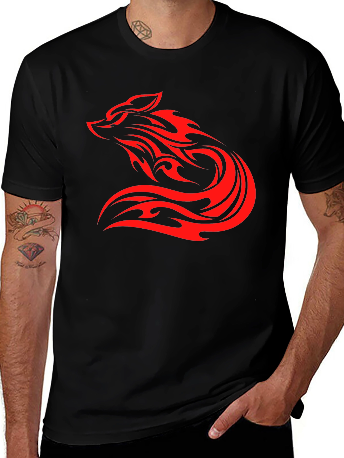 Mens Black T-Shirt with Red Tribal Wolf Design