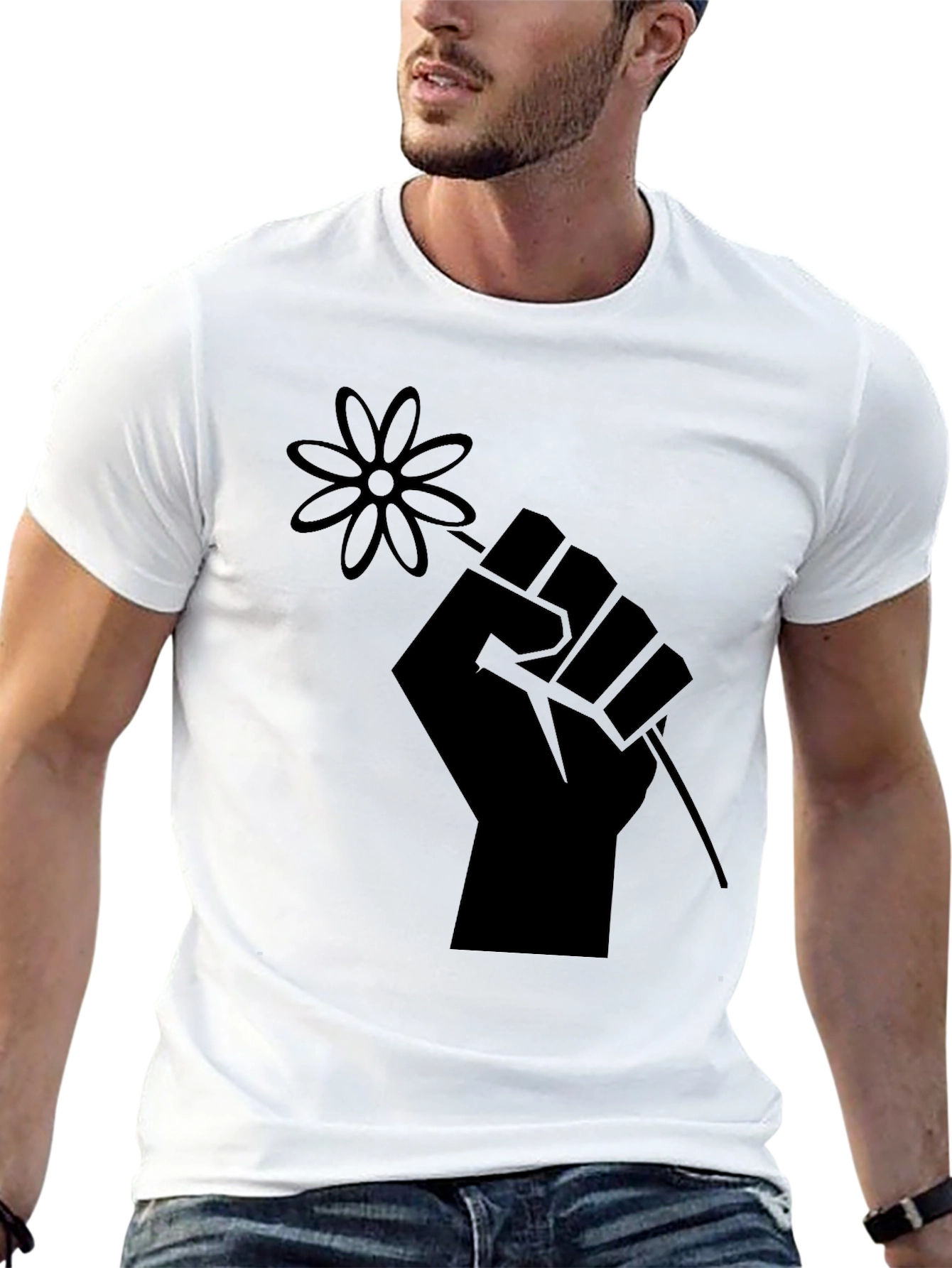 Fist Holding Flower Graphic T-Shirt - Black