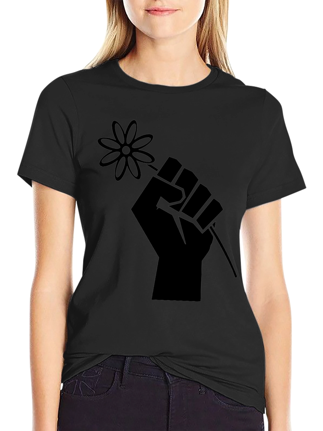 Fist Holding Flower Graphic T-Shirt - Black