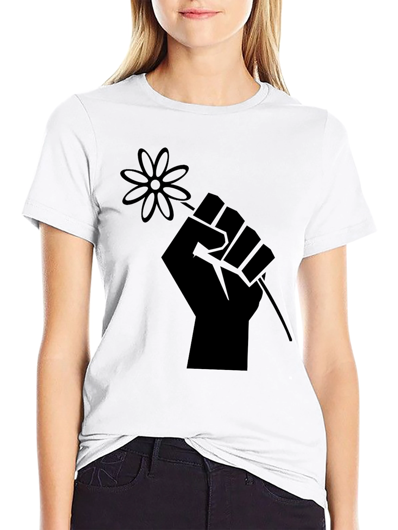 Fist Holding Flower Graphic T-Shirt - Black