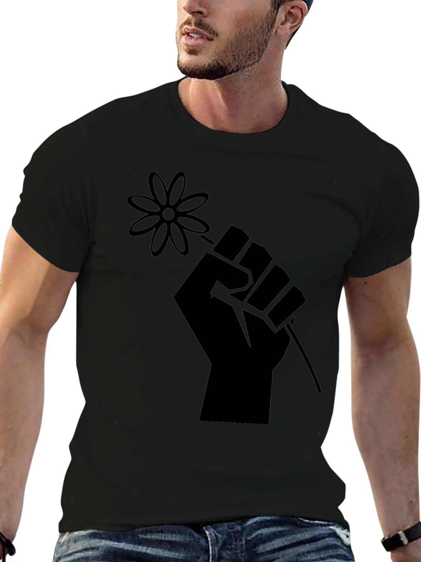 Fist Holding Flower Graphic T-Shirt - Black
