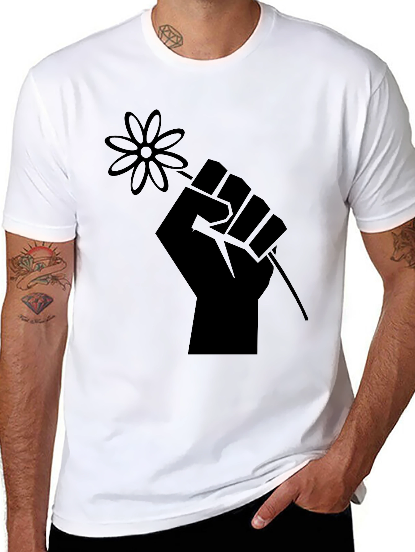 Fist Holding Flower Graphic T-Shirt - Black