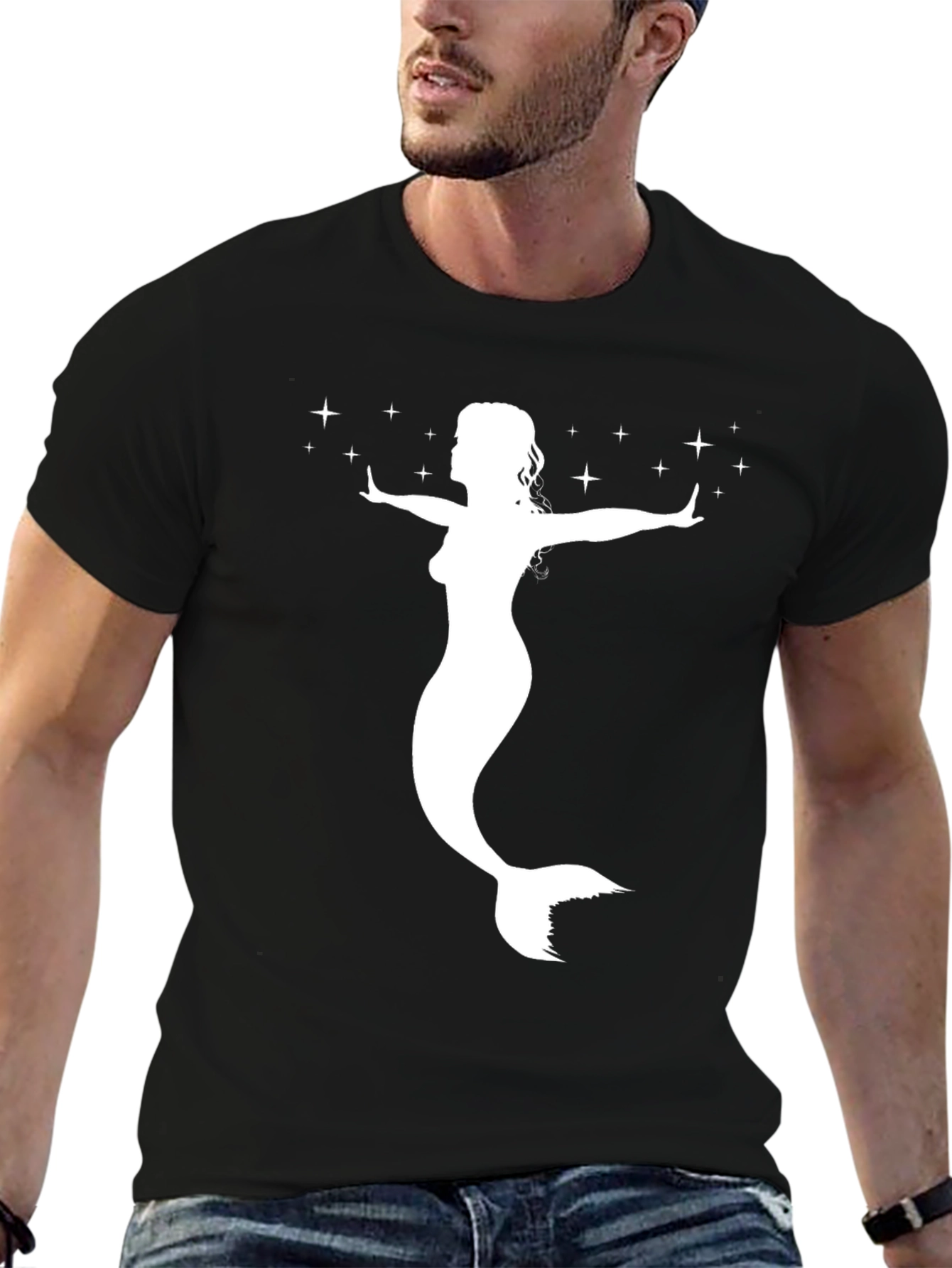 Mermaid Silhouette Graphic Tee - Black Cotton T-Shirt