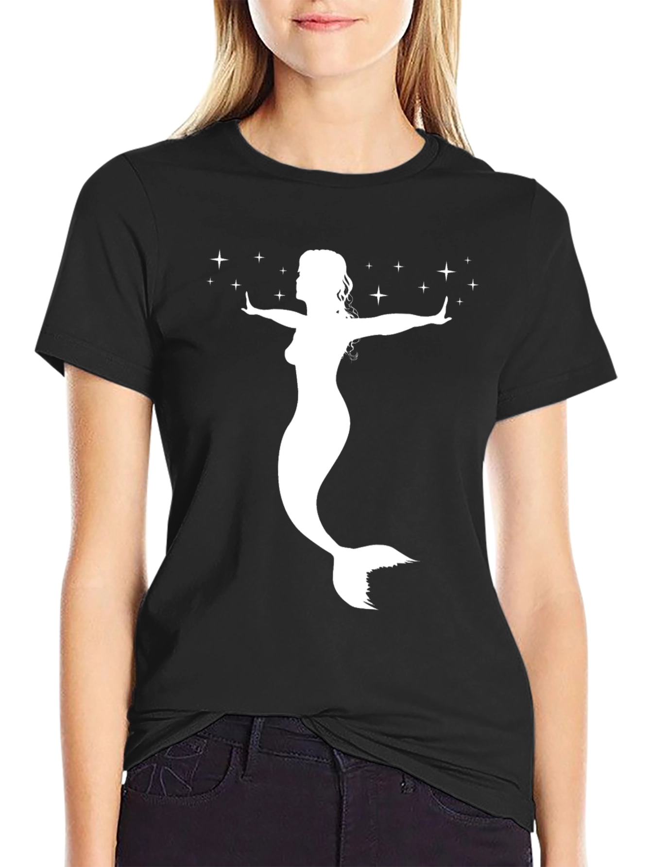 Mermaid Silhouette Graphic Tee - Black Cotton T-Shirt