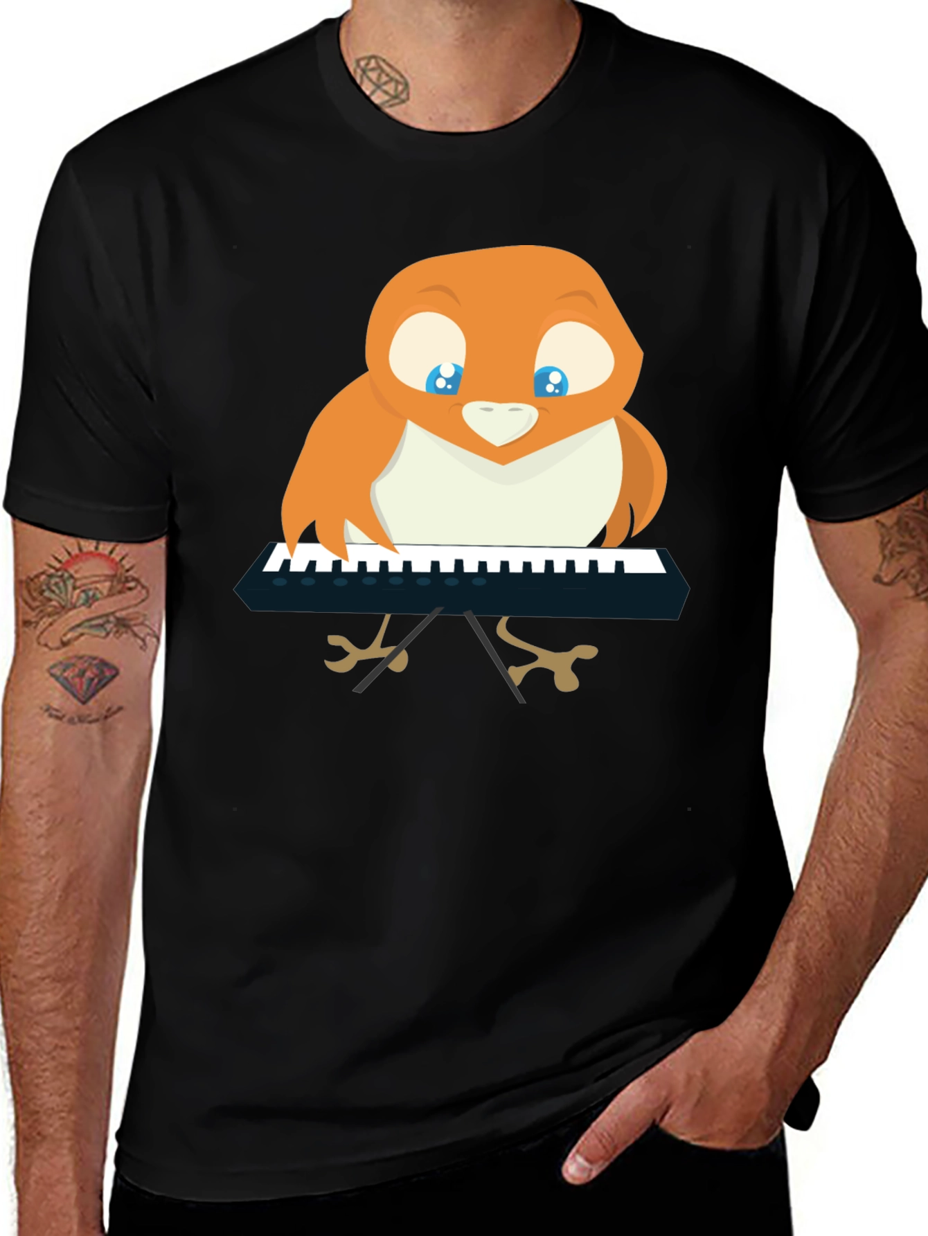 Bird Playing Piano T-Shirt - Black Unique Design