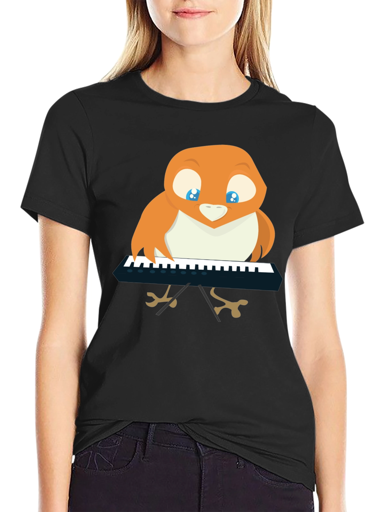 Bird Playing Piano T-Shirt - Black Unique Design