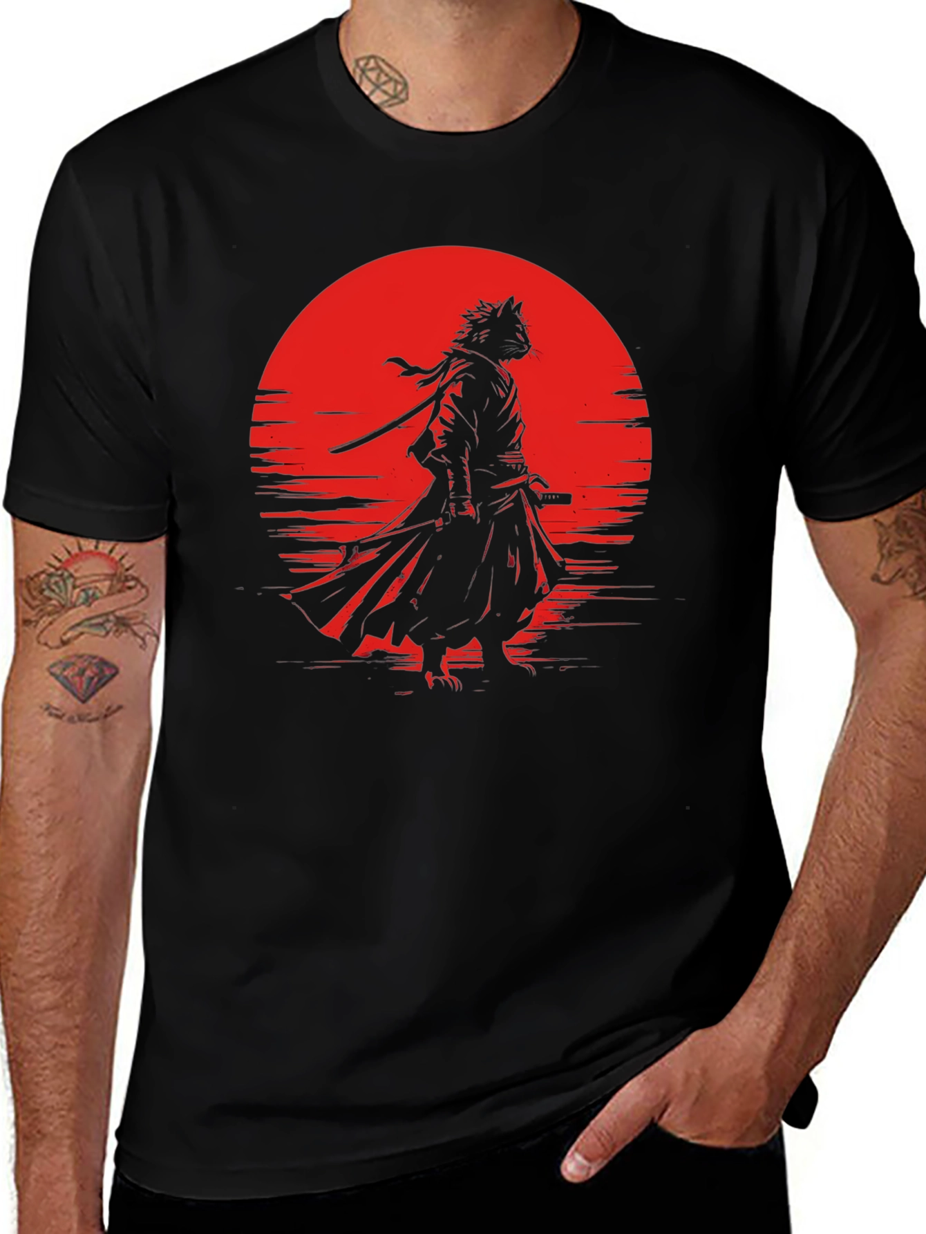 Samurai Cat T-Shirt - Red Moon Graphic Tee