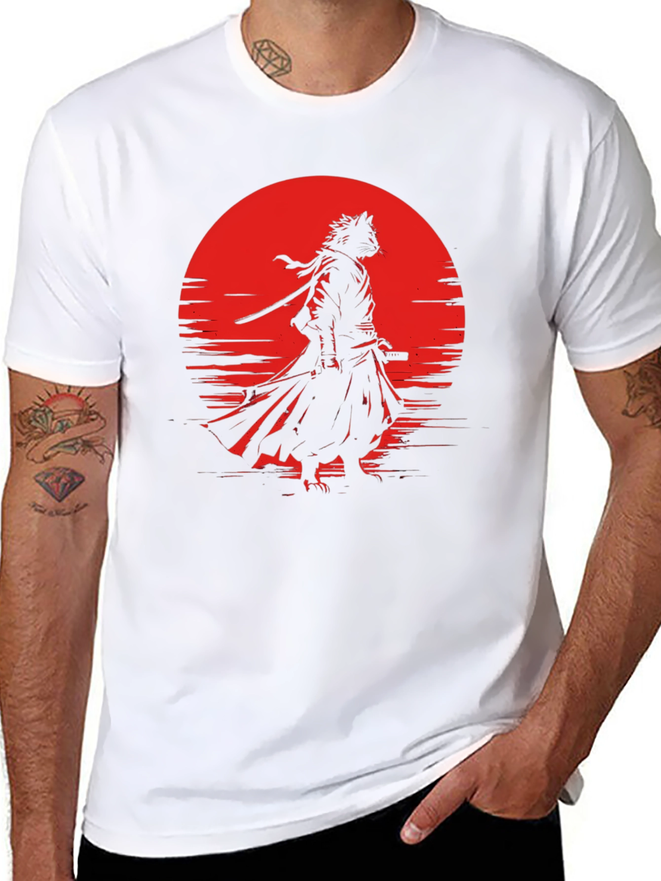 Samurai Cat T-Shirt - Red Moon Graphic Tee