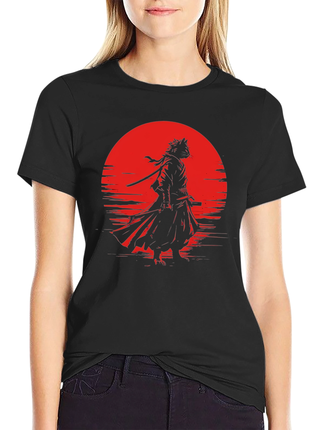 Samurai Cat T-Shirt - Red Moon Graphic Tee