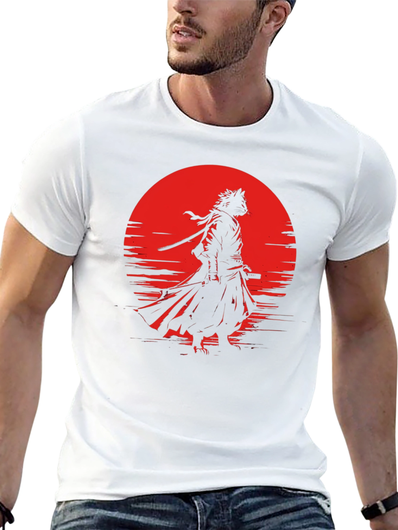 Samurai Cat T-Shirt - Red Moon Graphic Tee