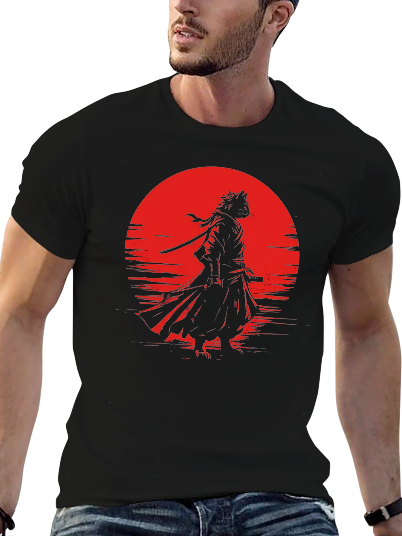 Samurai Cat T-Shirt - Red Moon Graphic Tee