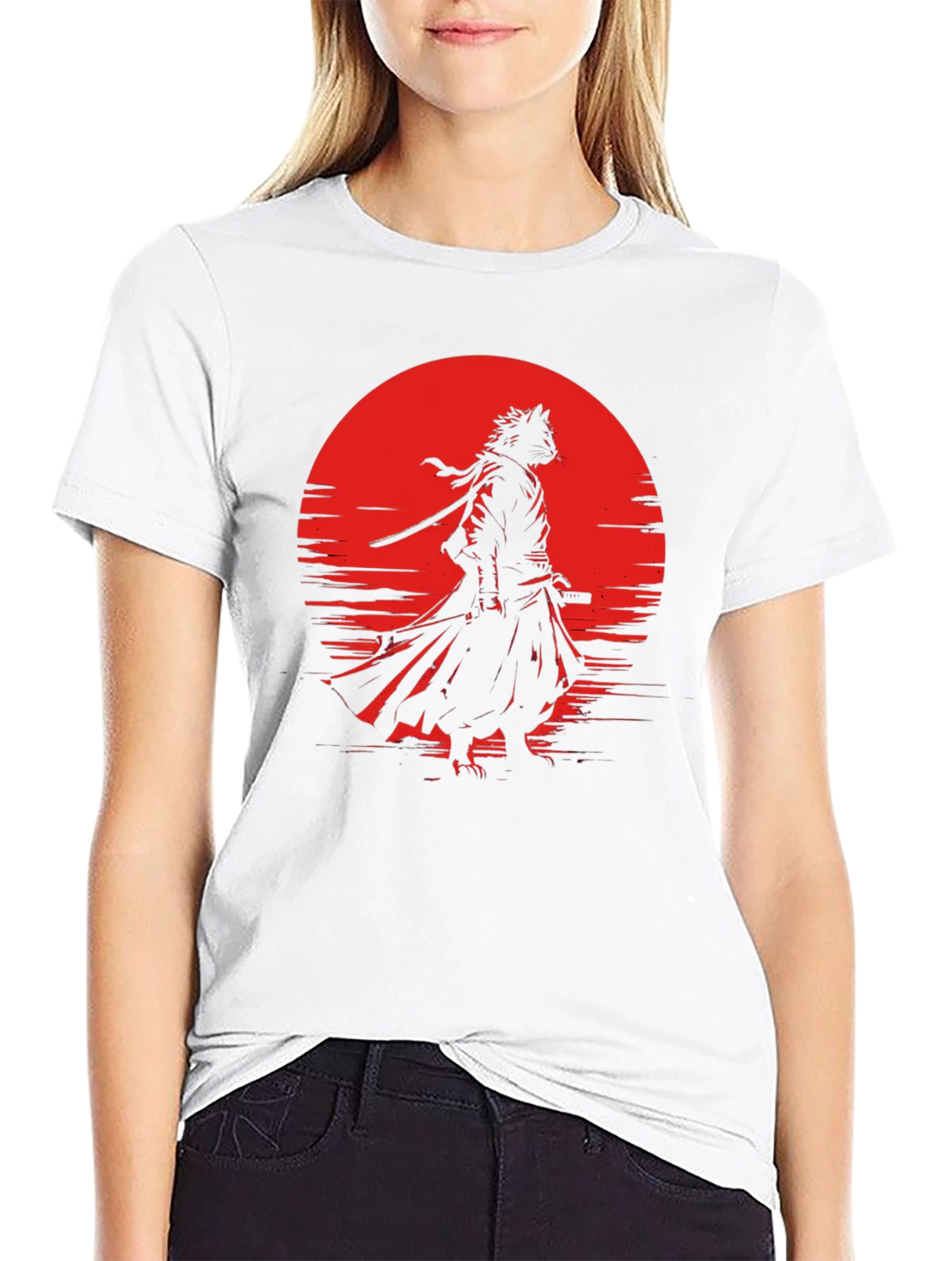 Samurai Cat T-Shirt - Red Moon Graphic Tee