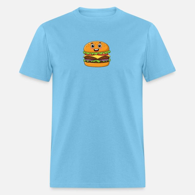 A happy burger with googly eyes and a big smile.