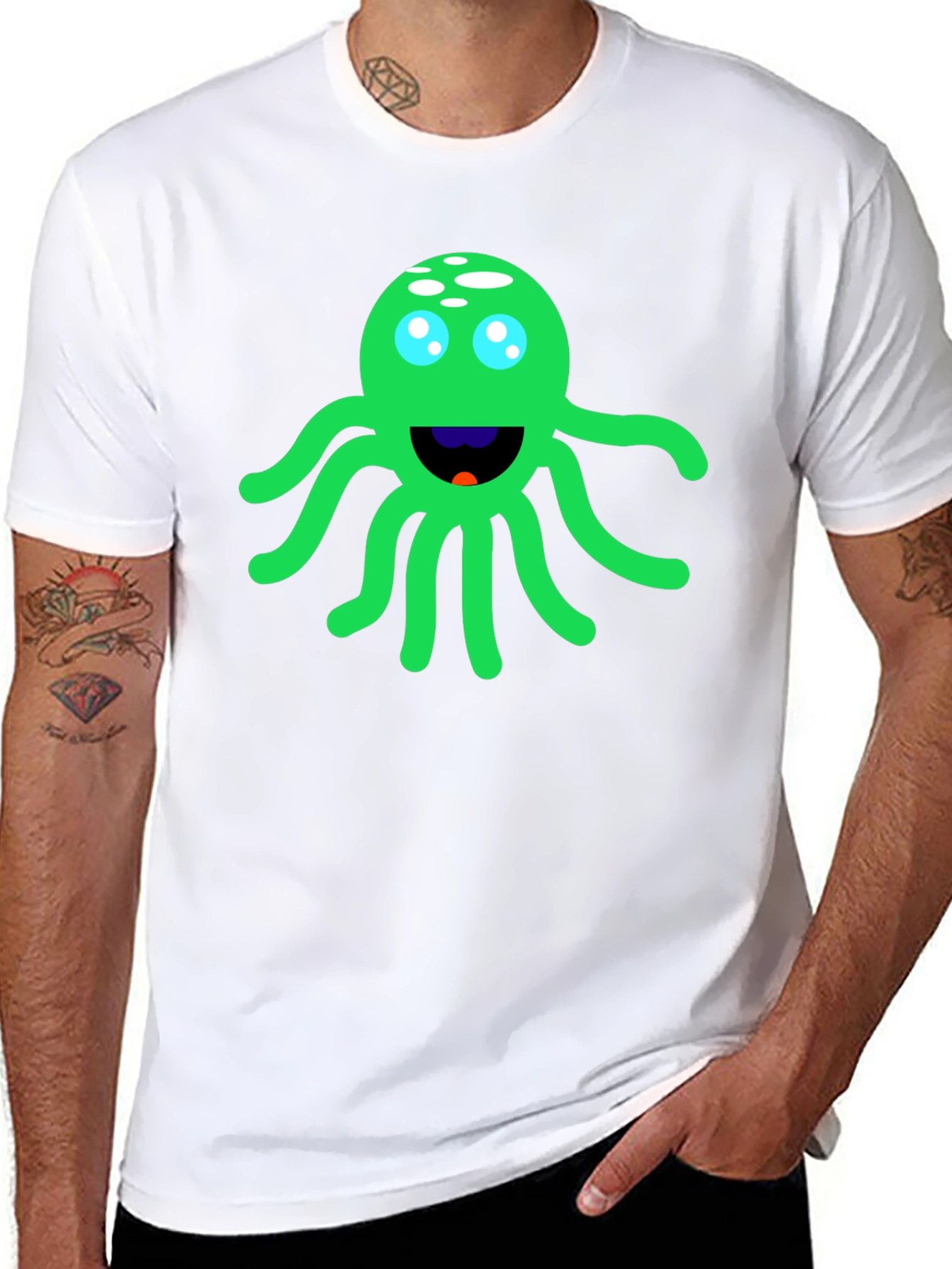 Funny Green Octopus Graphic Tee - Black Cotton T-Shirt