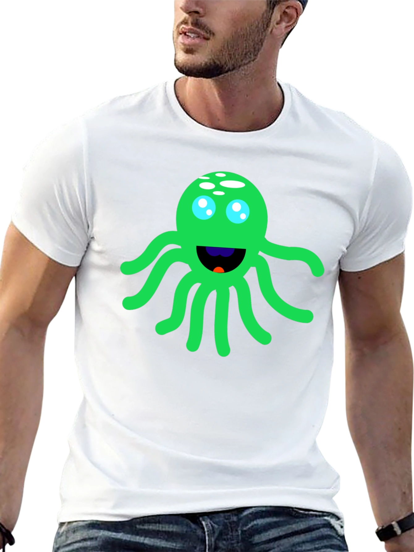 Funny Green Octopus Graphic Tee - Black Cotton T-Shirt