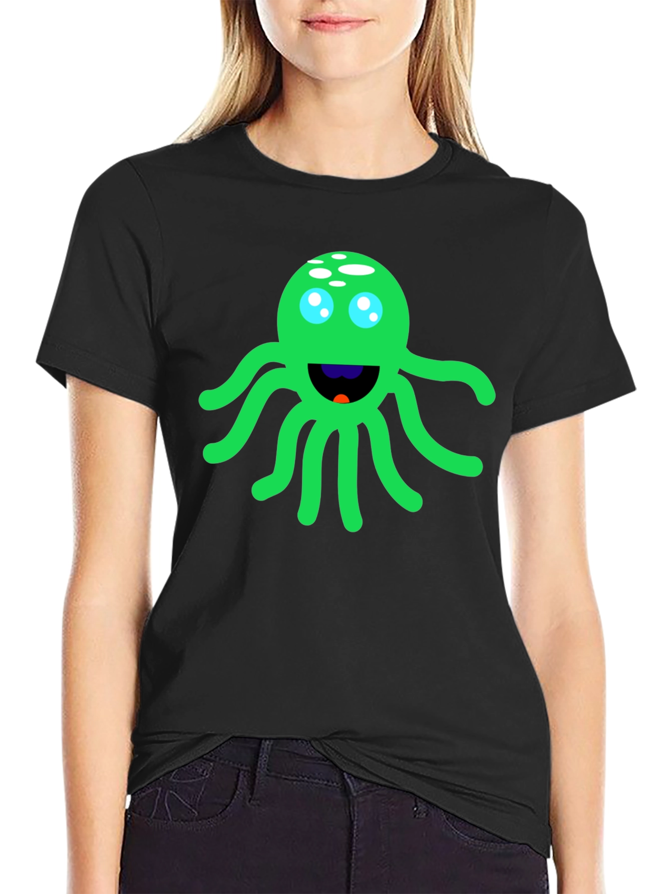 Funny Green Octopus Graphic Tee - Black Cotton T-Shirt