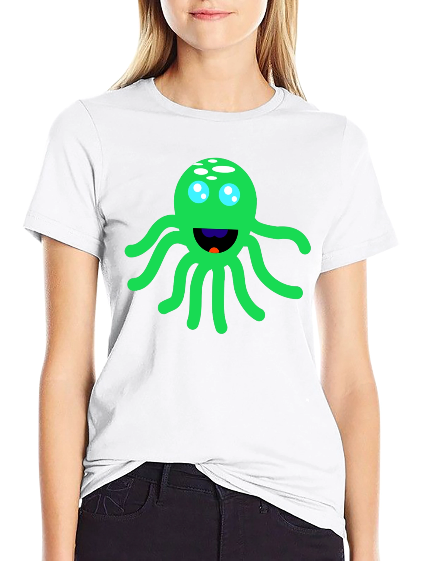 Funny Green Octopus Graphic Tee - Black Cotton T-Shirt