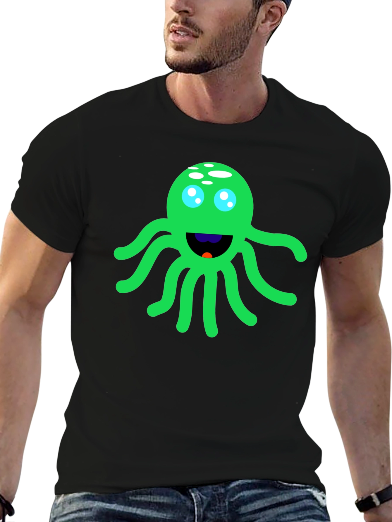 Funny Green Octopus Graphic Tee - Black Cotton T-Shirt