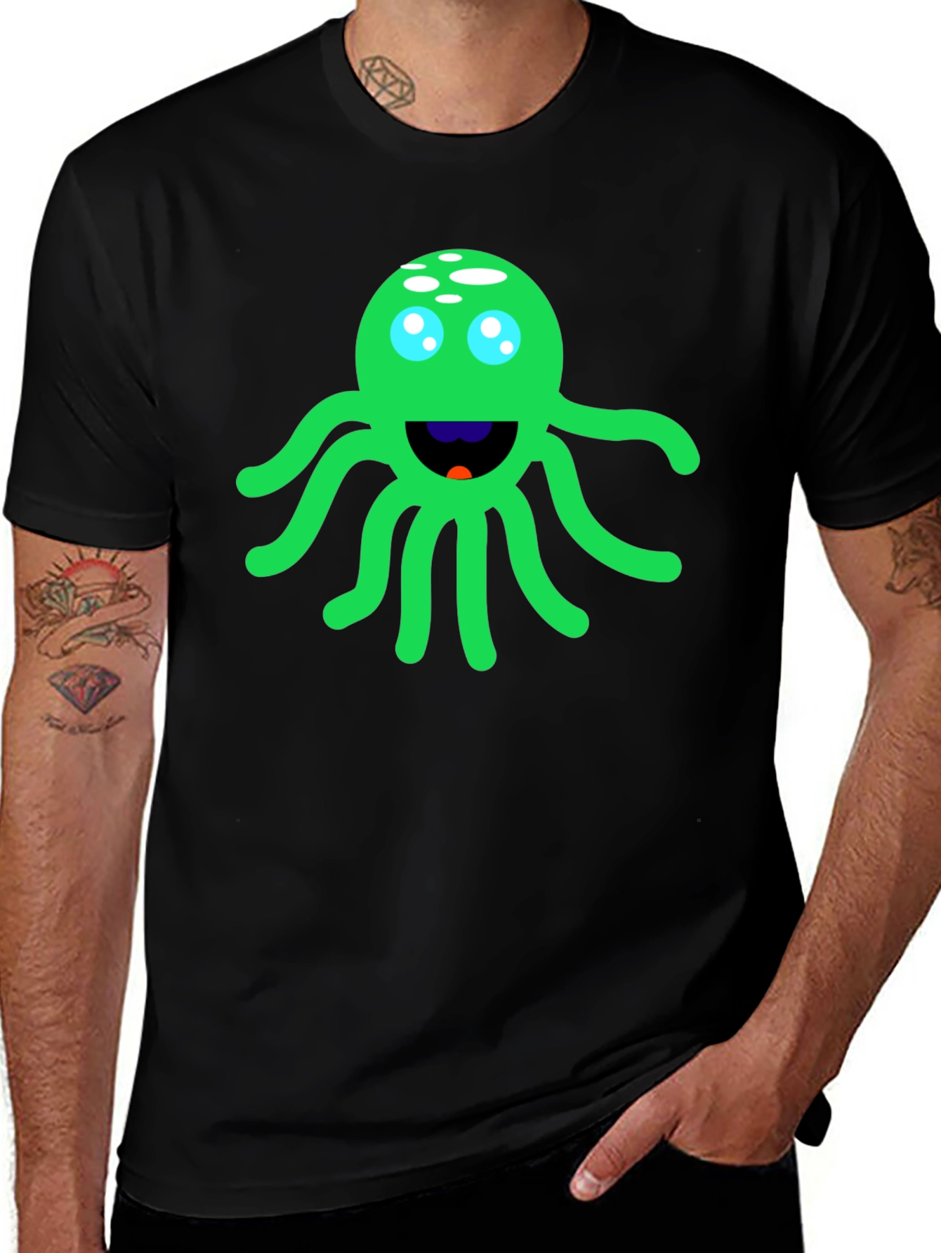 Funny Green Octopus Graphic Tee - Black Cotton T-Shirt