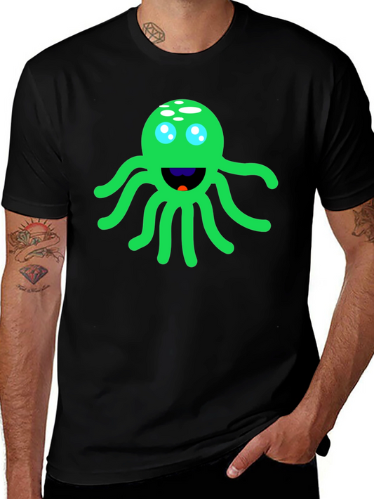 Funny Green Octopus Graphic Tee - Black Cotton T-Shirt