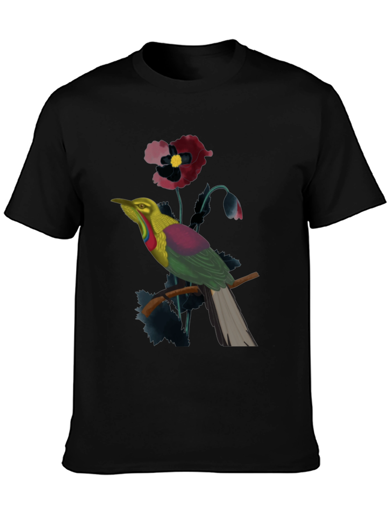 Exotic Bird & Floral Print Black T-Shirt