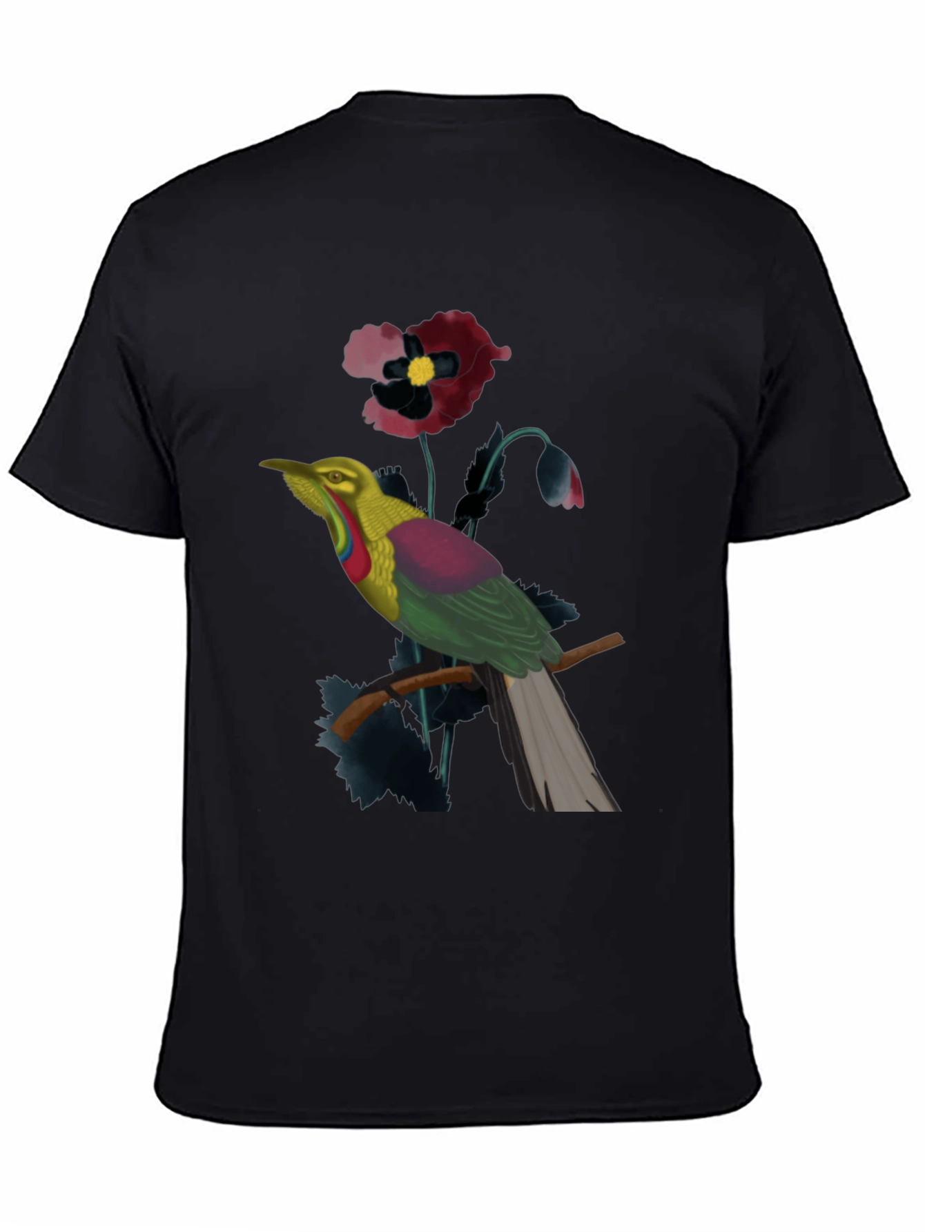 Exotic Bird & Floral Print Black T-Shirt