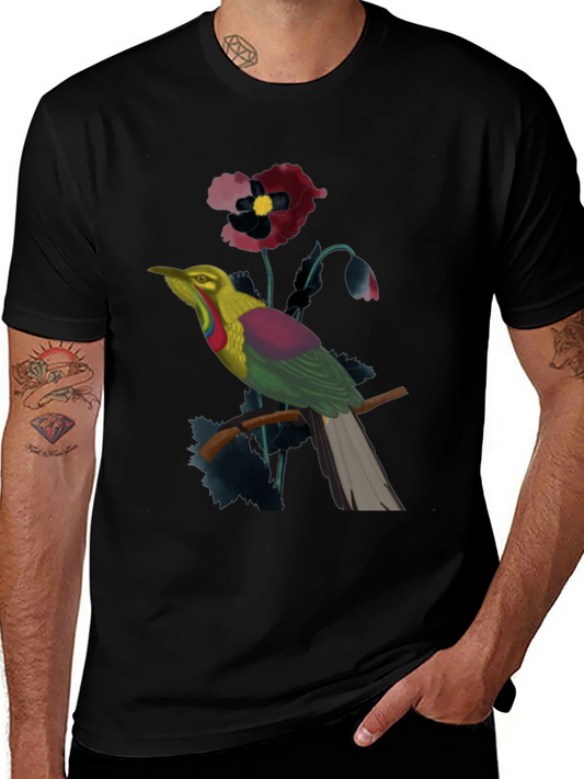 Exotic Bird & Floral Print Black T-Shirt