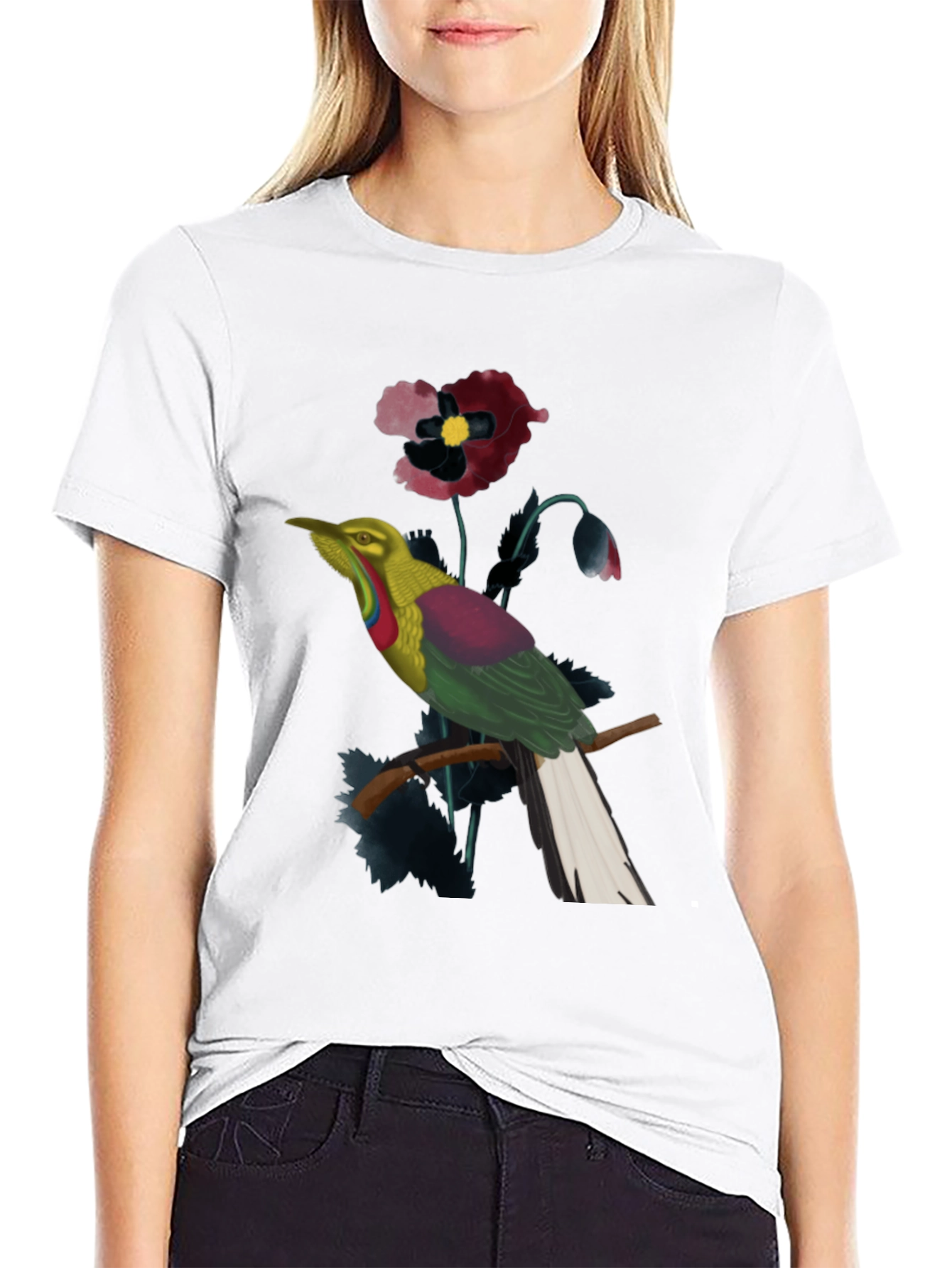 Exotic Bird & Floral Print Black T-Shirt