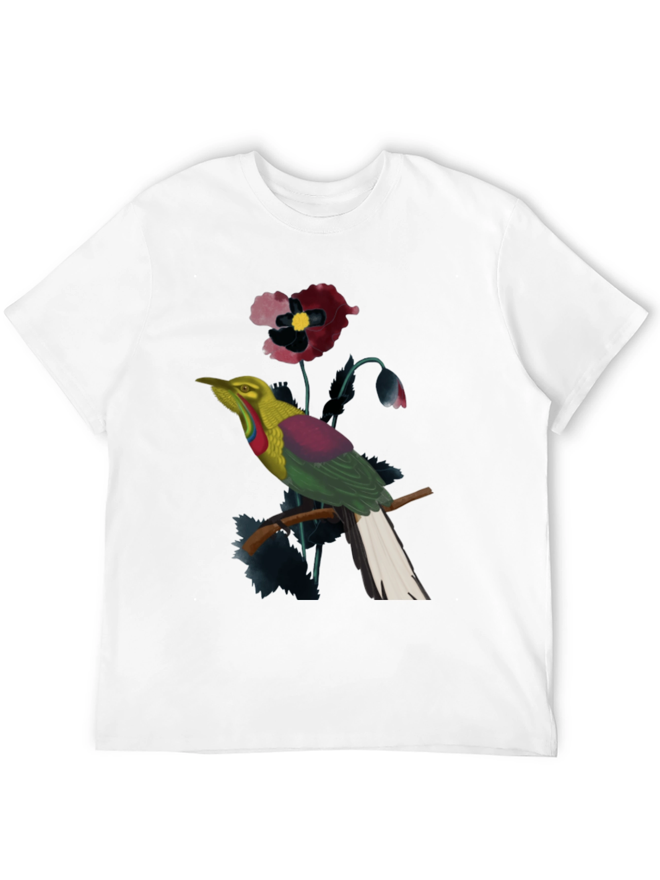 Exotic Bird & Floral Print Black T-Shirt