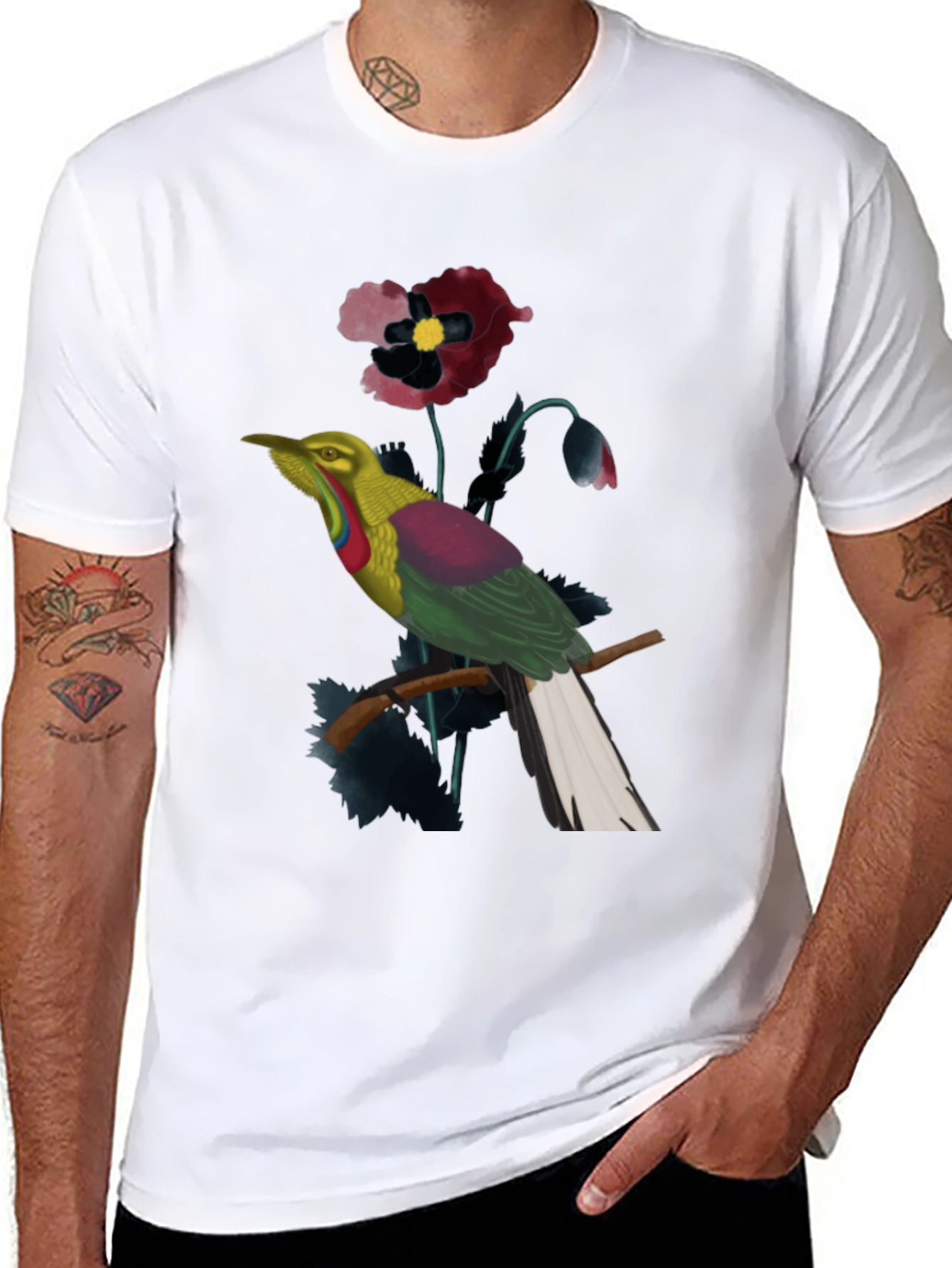 Exotic Bird & Floral Print Black T-Shirt