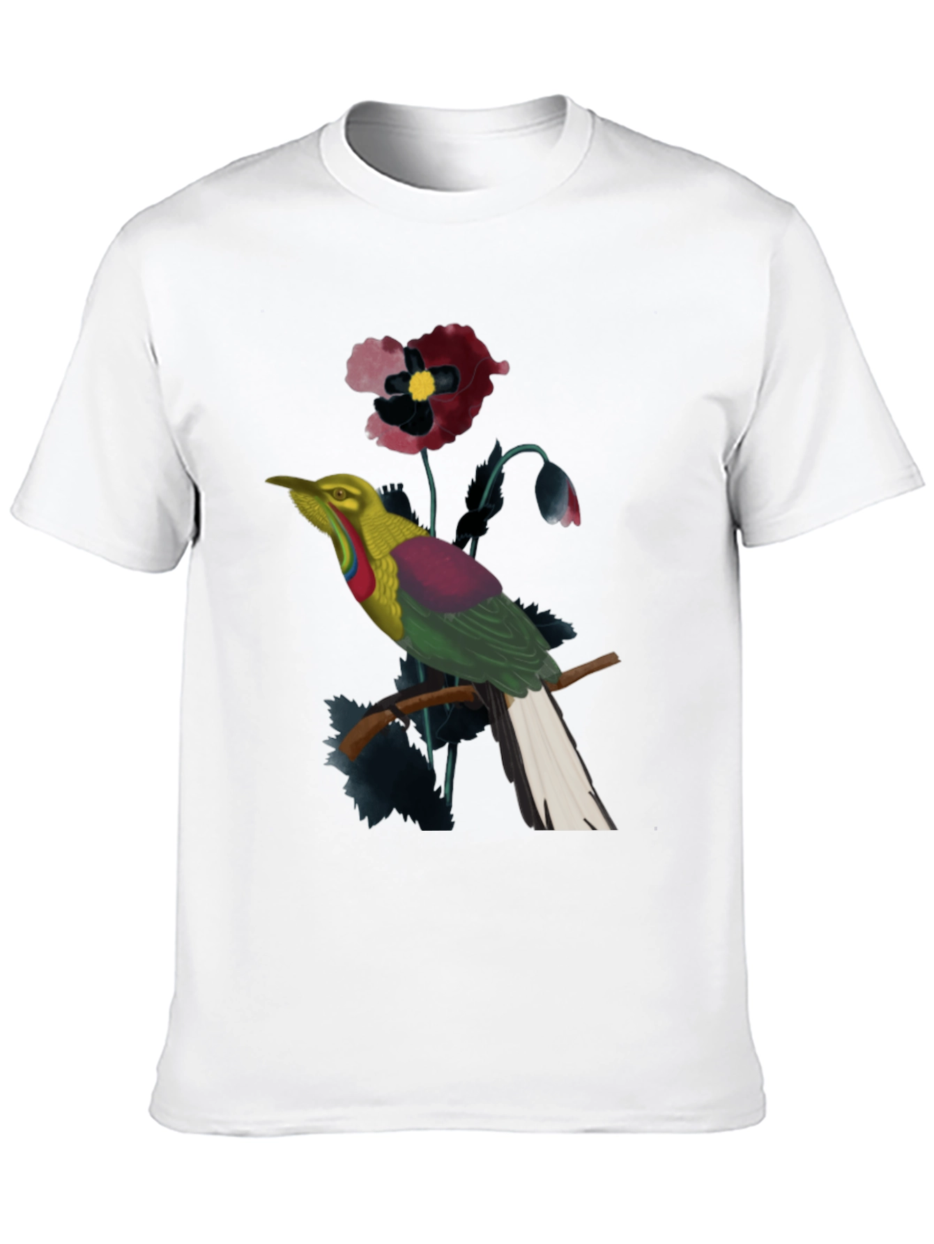 Exotic Bird & Floral Print Black T-Shirt