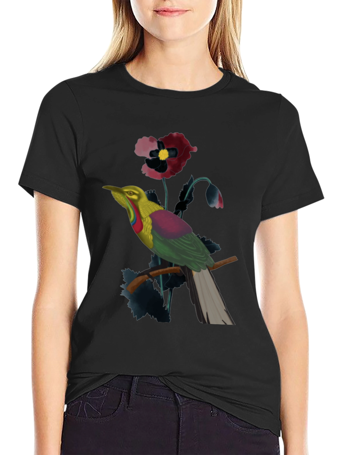 Exotic Bird & Floral Print Black T-Shirt