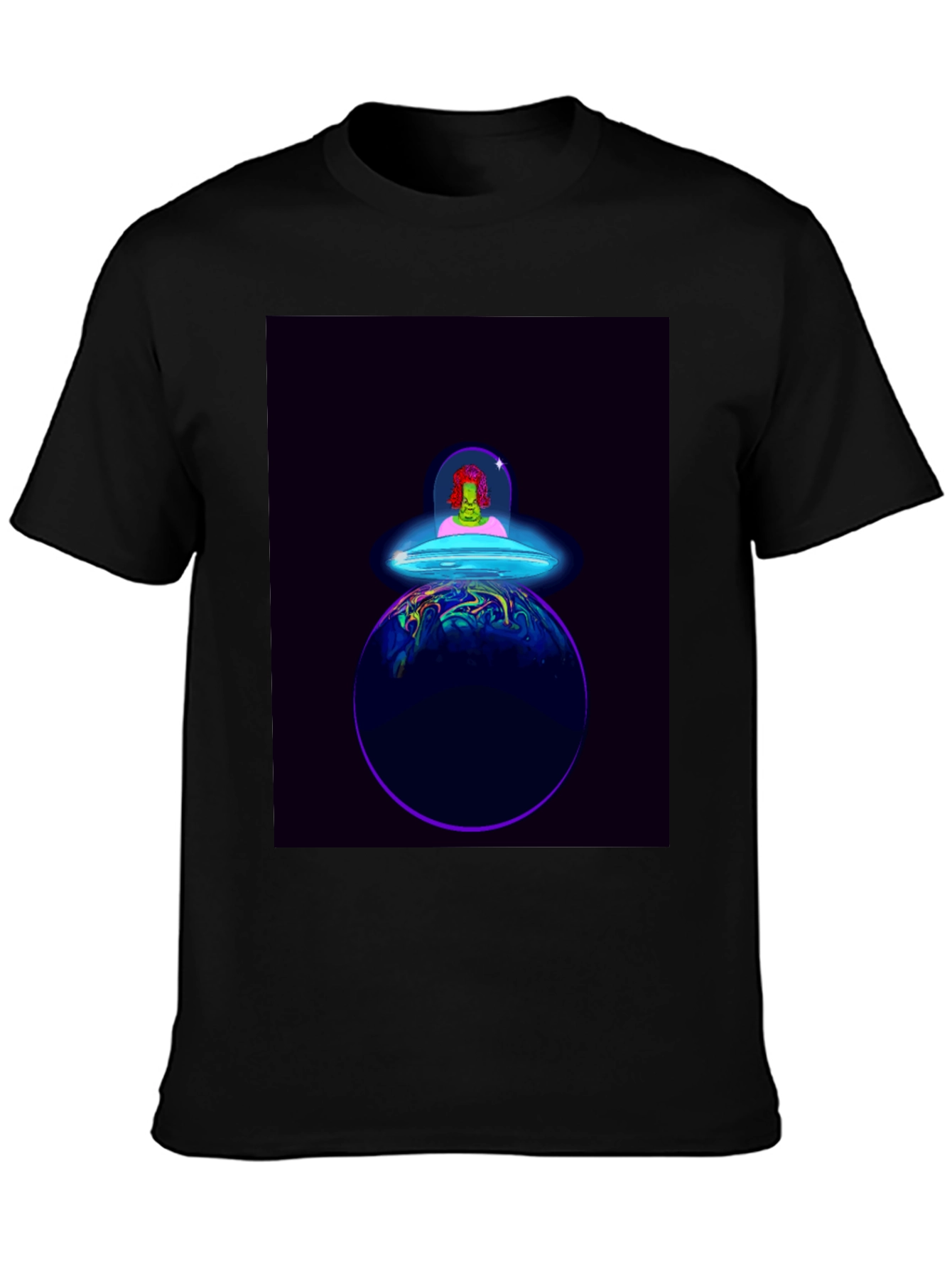 Alien Spaceship Graphic Tee - Black Cotton T-Shirt
