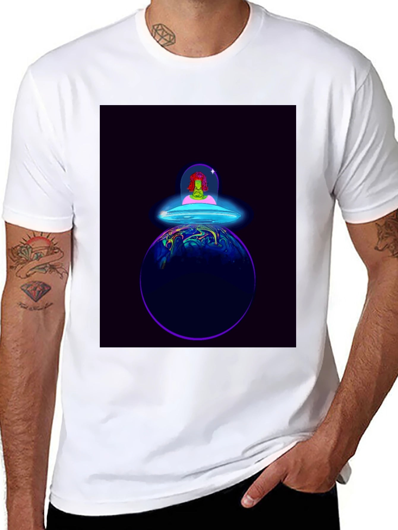 Alien Spaceship Graphic Tee - Black Cotton T-Shirt