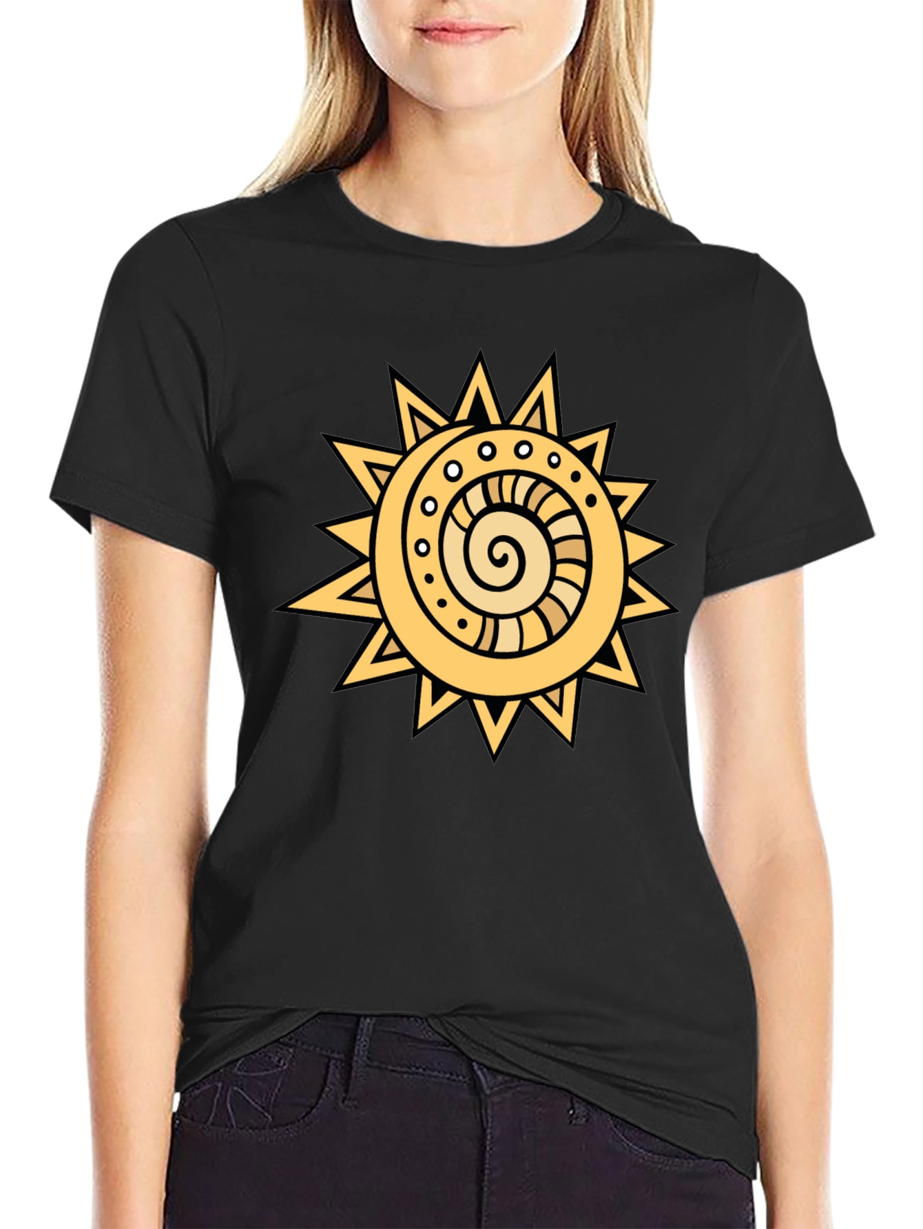 Tribal Sun Graphic Tee - Black Cotton T-Shirt