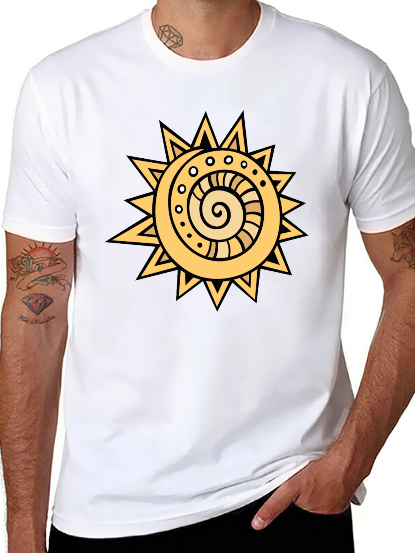 Tribal Sun Graphic Tee - Black Cotton T-Shirt
