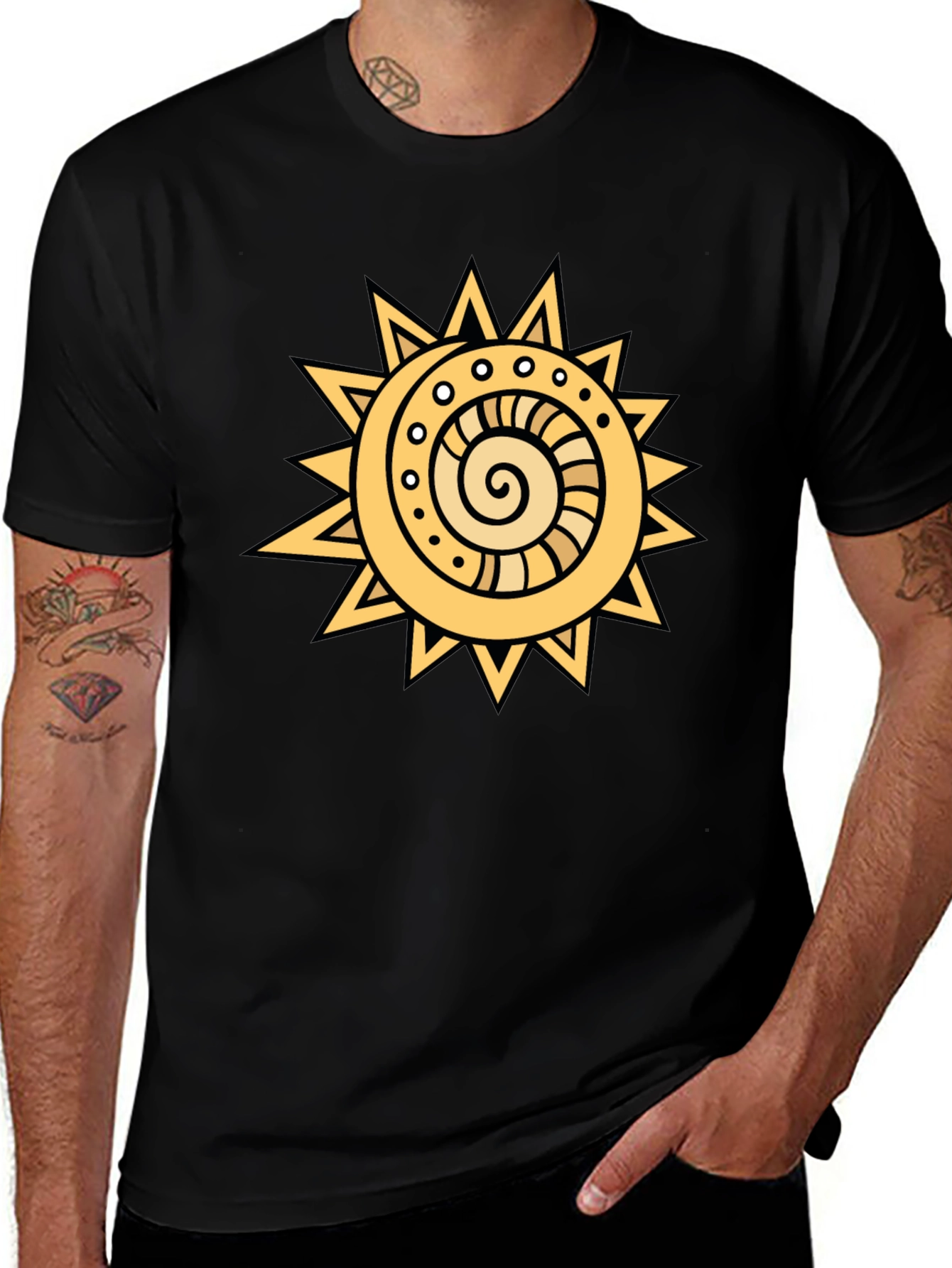 Tribal Sun Graphic Tee - Black Cotton T-Shirt