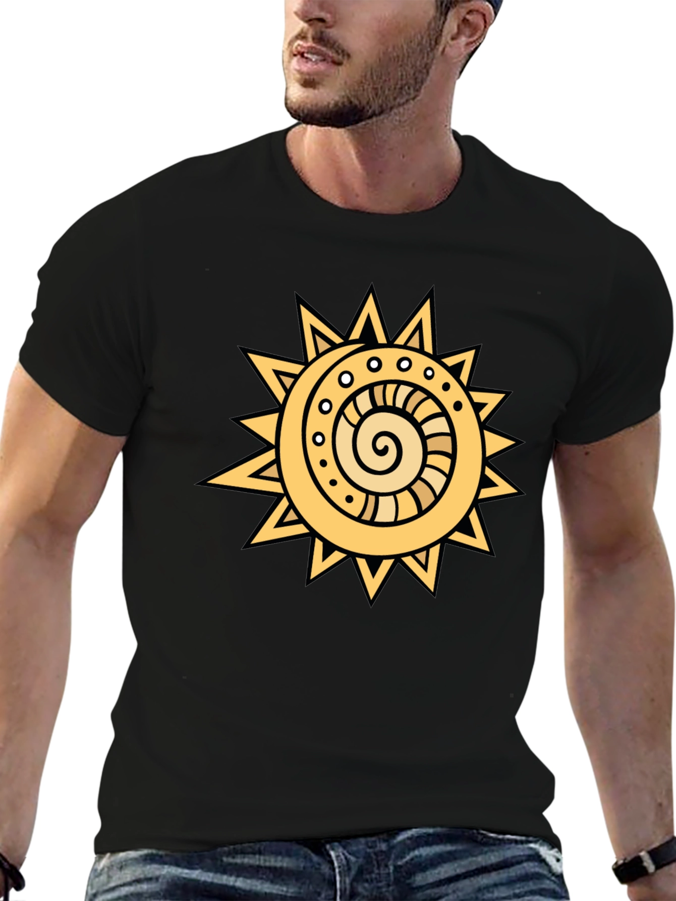 Tribal Sun Graphic Tee - Black Cotton T-Shirt
