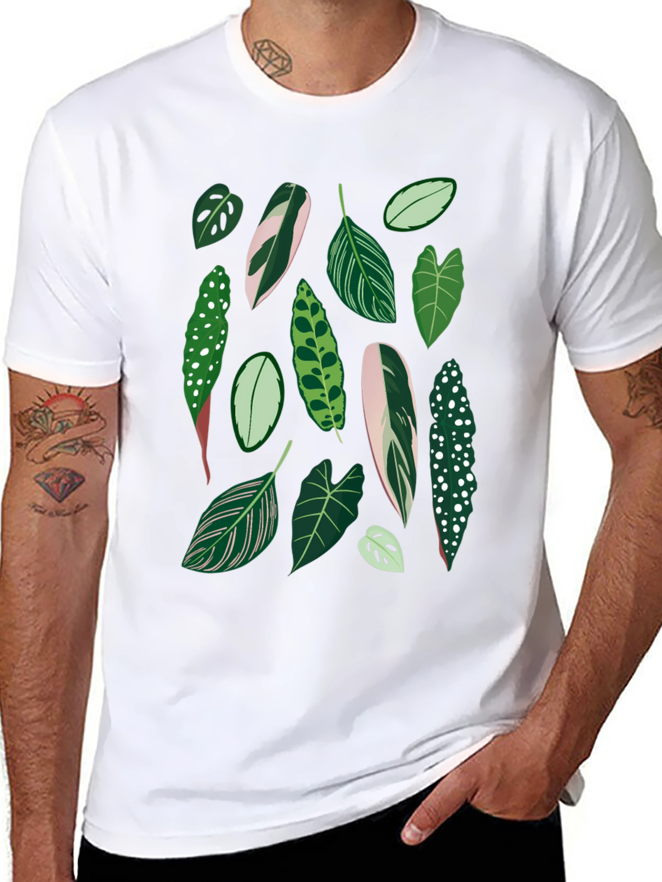 Tropical Leaf Pattern Black T-Shirt