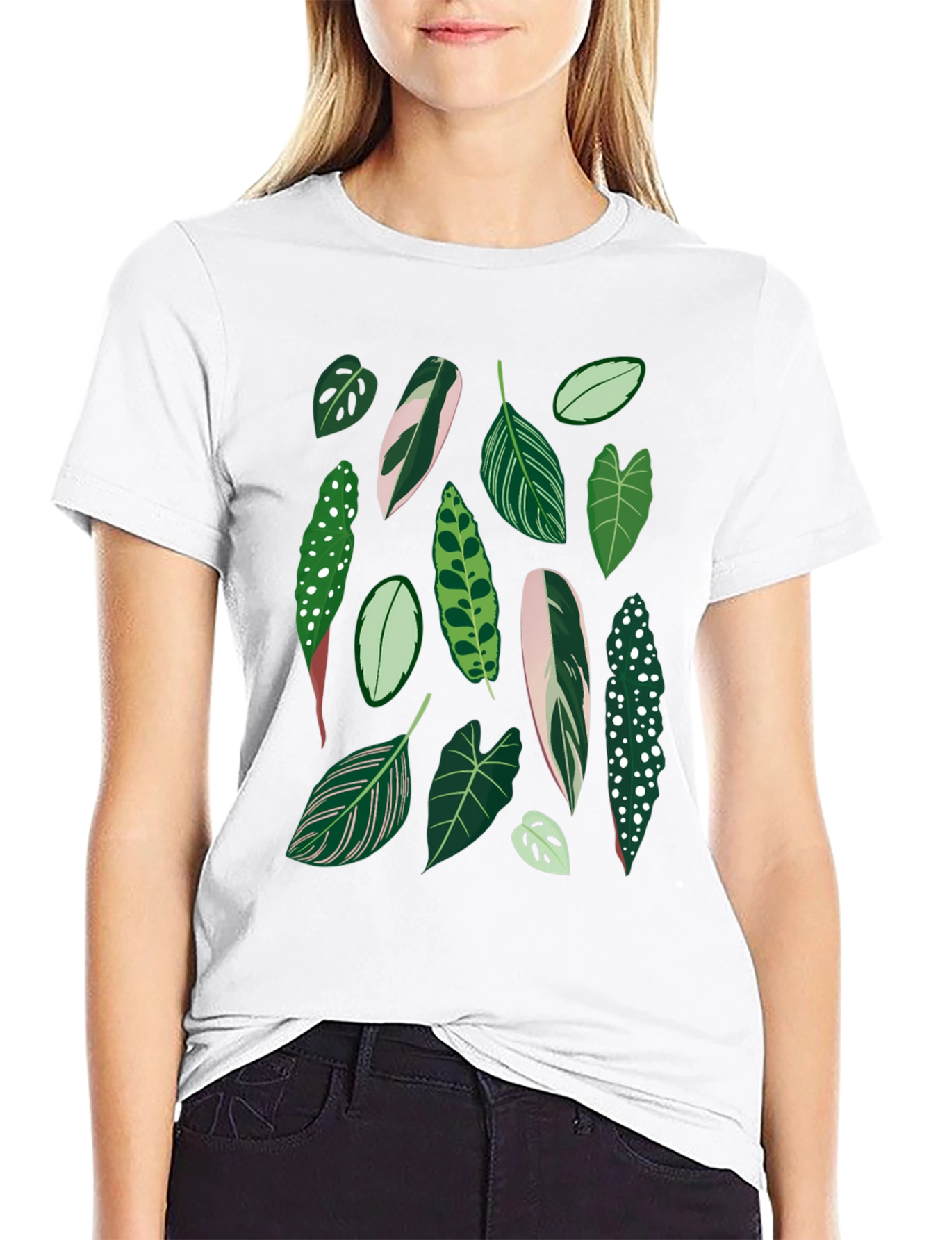 Tropical Leaf Pattern Black T-Shirt