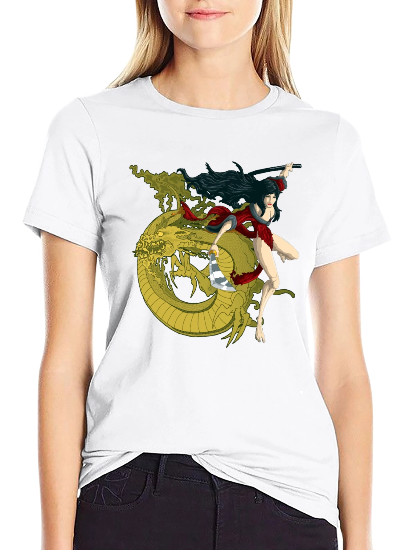Warrior Woman & Dragon Graphic Tee - Black