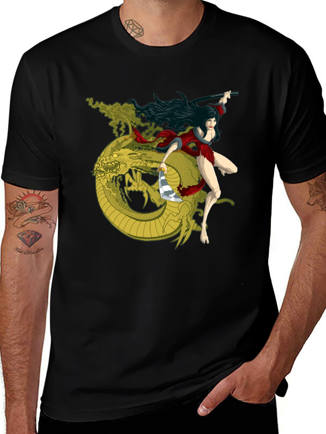 Warrior Woman & Dragon Graphic Tee - Black