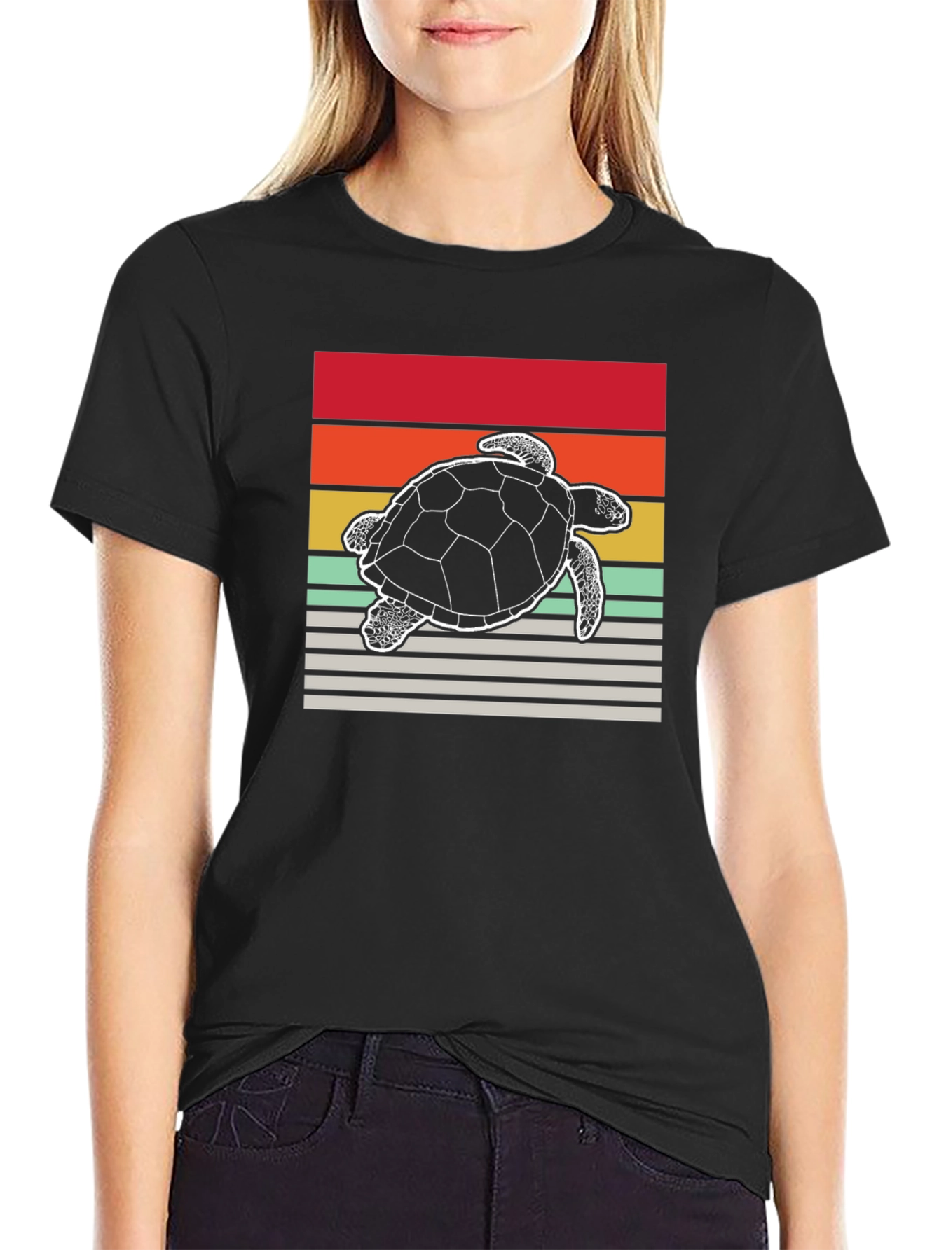 Retro Turtle Graphic Tee - Black Cotton Blend