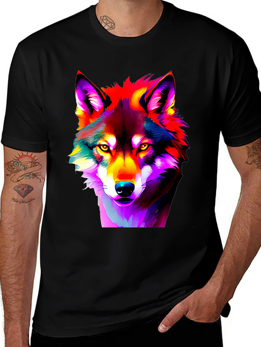 Colorful Wolf Graphic T-Shirt - Mens Black Tee