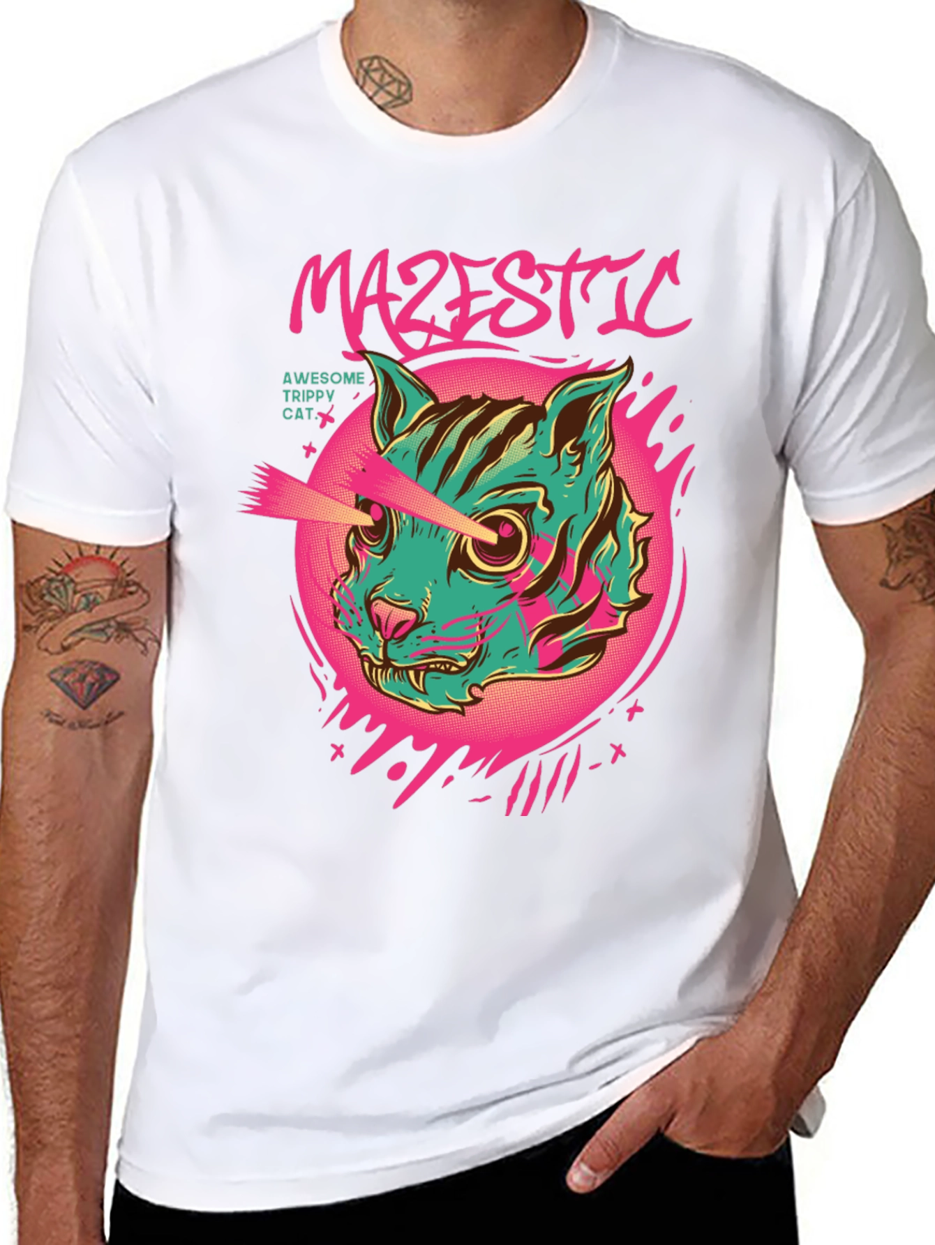 Majestic Trippy Cat Graphic Tee - Laser Eyes!