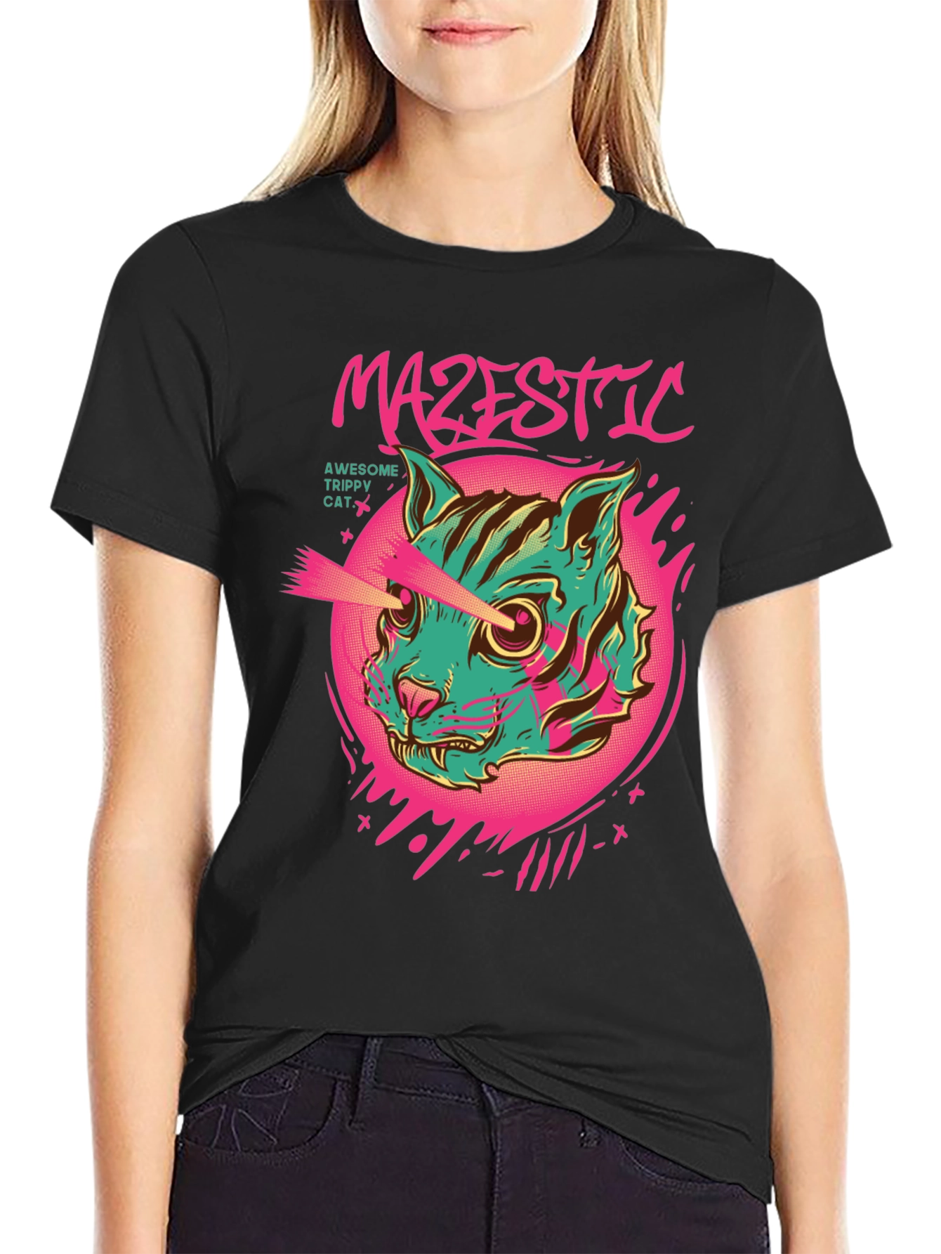 Majestic Trippy Cat Graphic Tee - Laser Eyes!